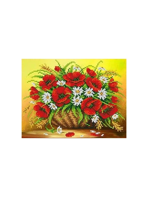 Рисунок на ткани бисером 4026 маки с ромашками 24.5х18.5 - фото 1